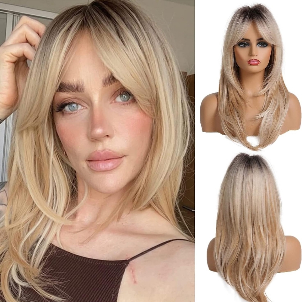 20 Inches Long Straight Blonde Layered Synthetic Hair Wig  with Dark roots